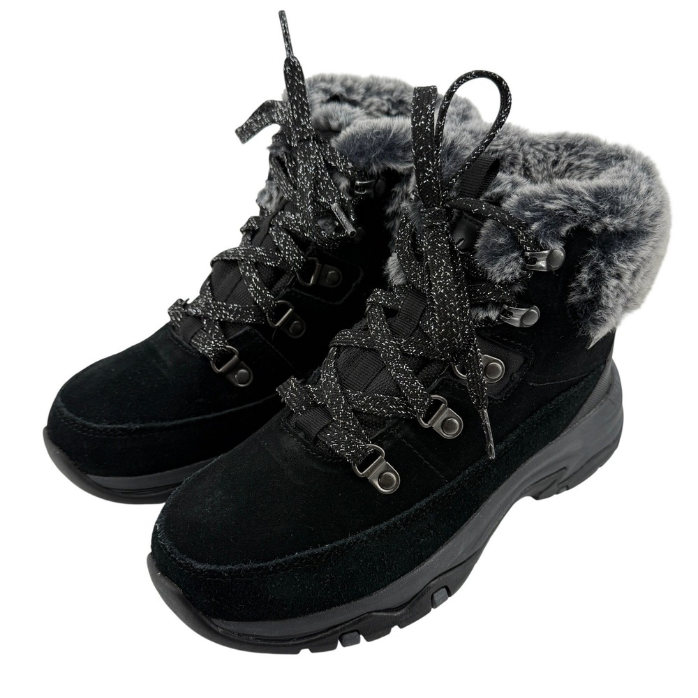 Skechers Trego Snow Worries Boots Black Suede Women 5 Waterproof Faux Fur Hiking